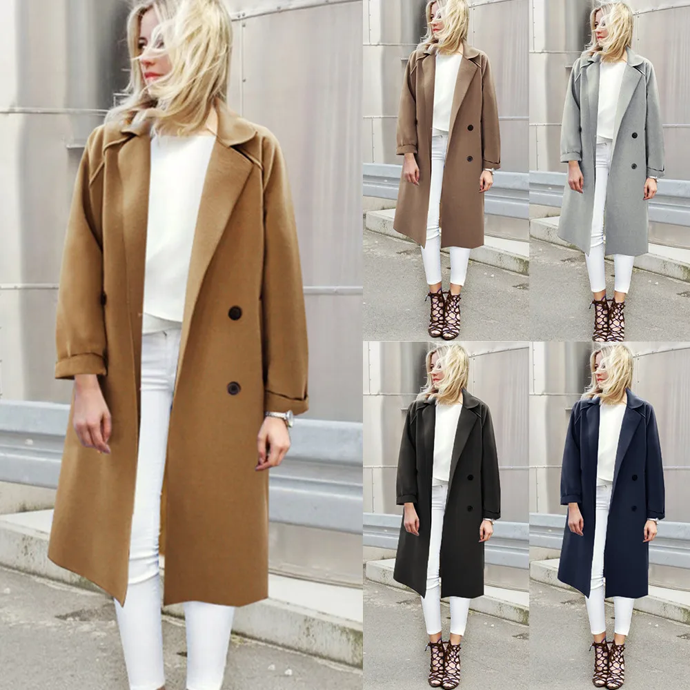 

Women Autumn Winter Casual Solid Double buckle Button Jacket Outwear Wool Blend Trench Coat Overcoat Outercoat