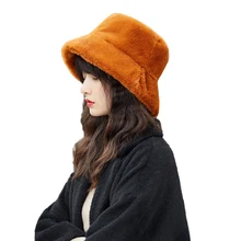 Зимняя шапка-ведро из искусственного меха для женщин и девушек, модная однотонная утолщенная мягкая теплая шапка для рыбалки, Женская плюшевая пушистая Панама