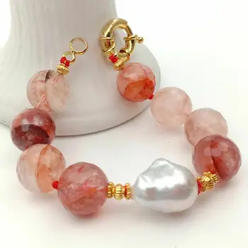 

8.5'' 15mm Lepidocrocite Quartz White Keshi Pearl Bracelet
