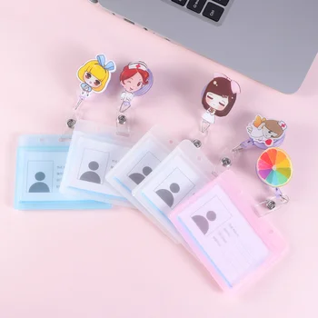 

5 Pcs Cartoon Card Holder Badge Reel Card Cover Waterproof Card Set Lanyard for Nurse (Blue Skirt Girl + Blue Scrub, Orange + Pi