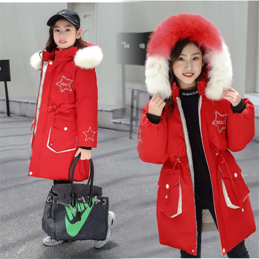 

Long Style Winter Keep Warm Girls Jacket Thick Fur Collar Belt Grid Design Fashion Hooded Outerwear Coat For Kids