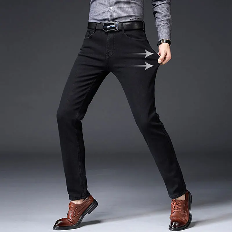 60% OFF Fashion Winter Men Jeans Black Color Slim Fit Elastic Thick Velvet Casual Business Pants Vintage Classical Warm Jeans Men