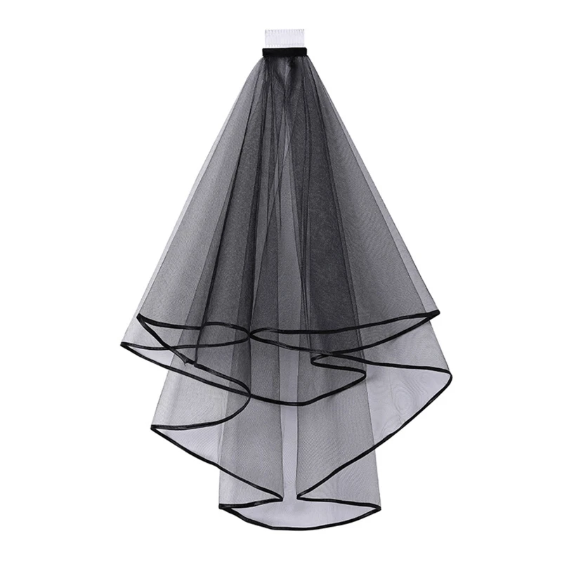 Double Layer Mesh Tulle Solid Color Women Short Wedding Veil with Comb Ribbon Edge Center Cascade Bride Party Headpiece bridal veil