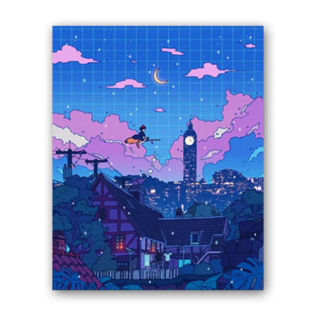 Canvas Wall Art Cartoon View Street Prints Poster Home Decoration Night Tree Manga Cute Painting For Bedroom Modular Pictures J-Night-Tree-10