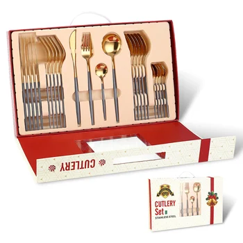 

24pcs Easy Clean Teaspoon Stainless Steel Christmas Fork Spoon Mirror Finish Gift Dinnerware Set Cutting Tool Rustproof Cutlery