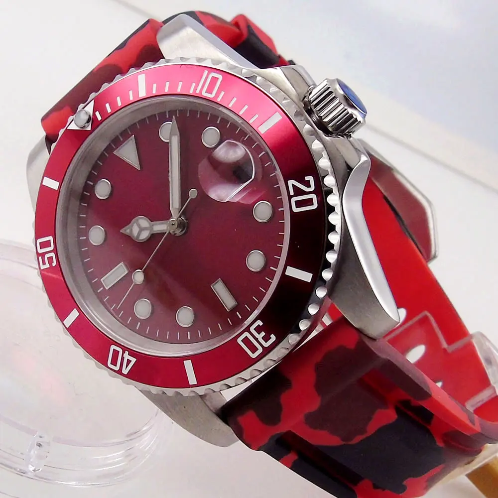 

Red tandorio Automatic Men's Watch Genuine NH35/MIYOTA 8215 Movement Sapphire Glass Date Rubber Strap Aluminum Bezel Insert Lume