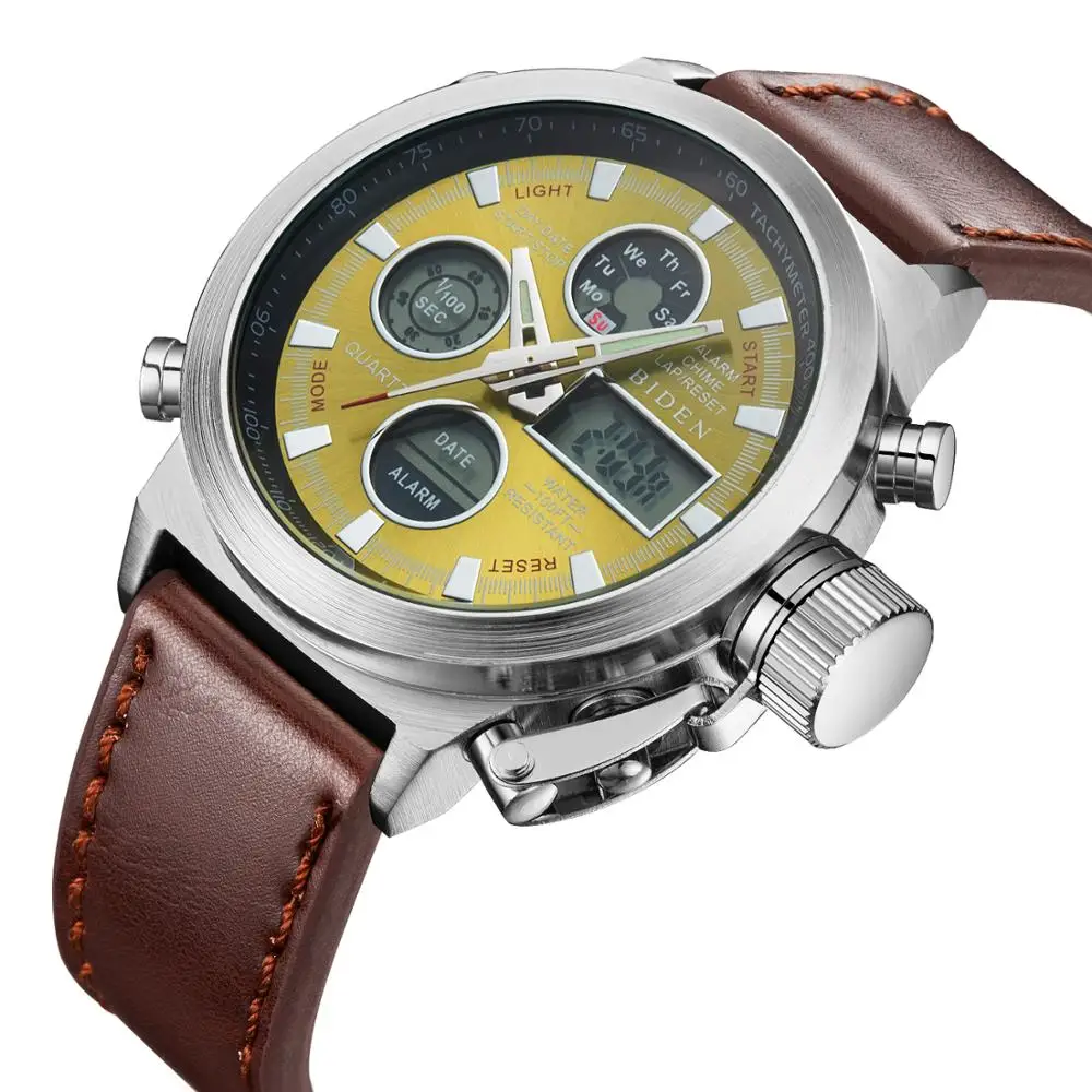

BIDEN Fashion Relogio Luxury Masculino Military Mens Watches Top Brand Man Quartz Dual Time Date LED Digital Leather Wrist Watch