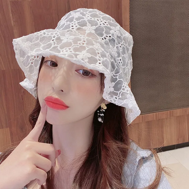 Chic Elegant Ladies Lace Black /White Bucket Hat 2020 New Summer Sun Hats Hollow Flower Breathable Fishermen Hat For Women