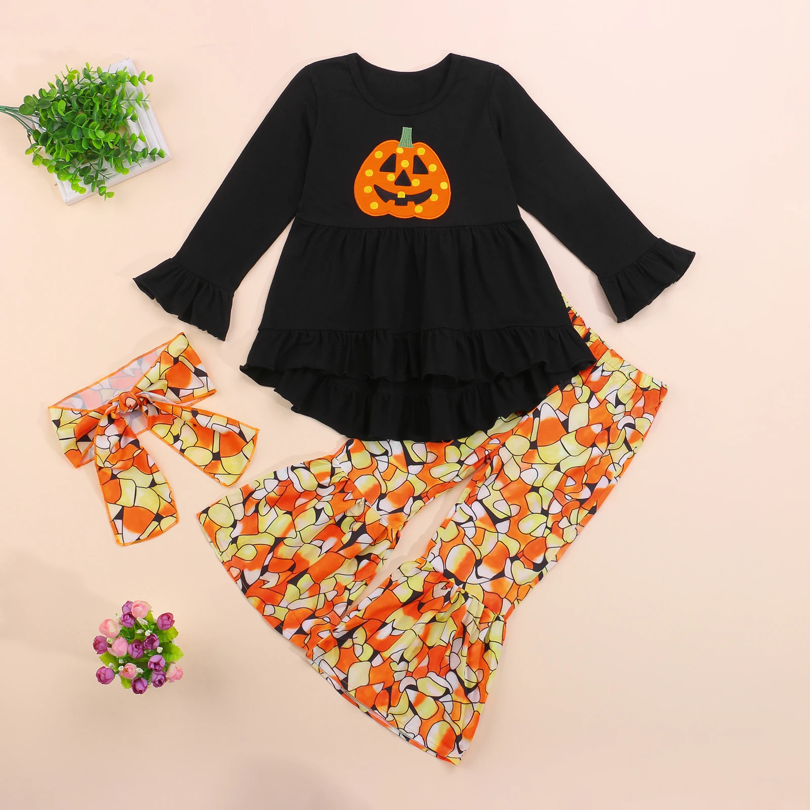 Baby Halloween Costume Outfits Pumpkin Print Ruffle Long Sleeve T shirt