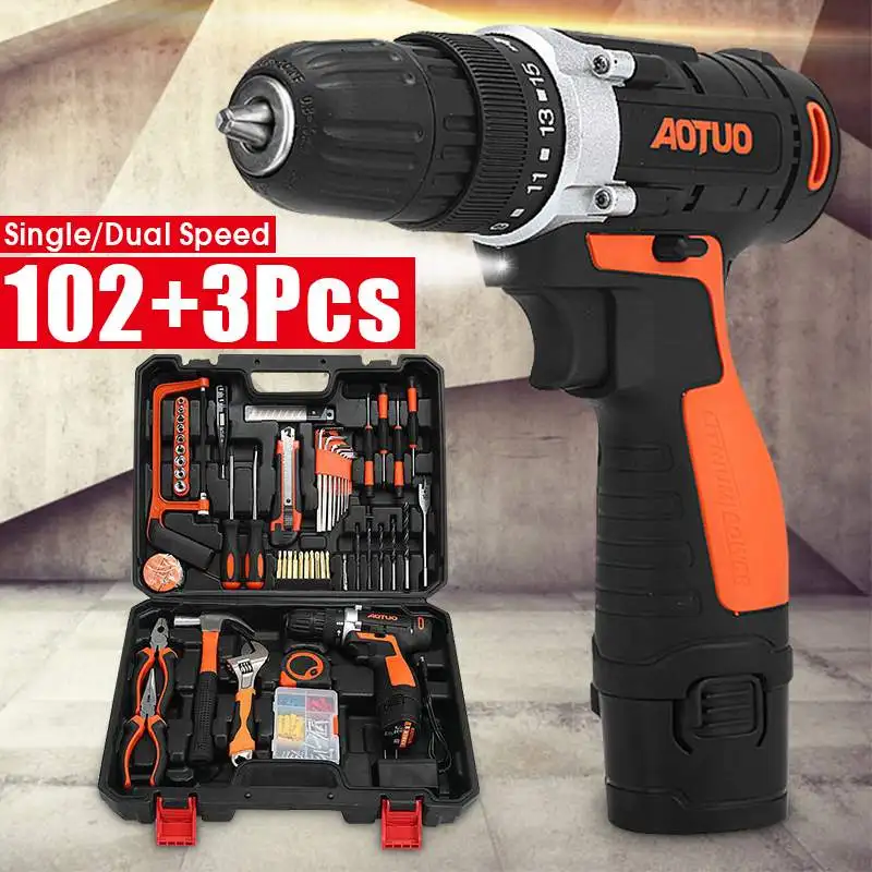 

24N Portable 102Pcs/Set 12V Electric Screwdriver Cordless Drill Driver Power-Tool 15 torque Cordless Drill Driver-Power Tool