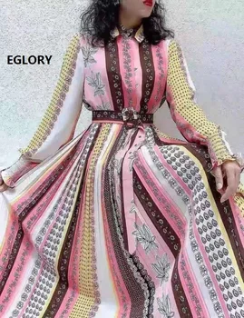 

Newest Fashion Dress 2020 Spring Summer Vestidos Women Turn-down Collar Striped Floral Print Long Sleeve Mid-Calf Length Dress