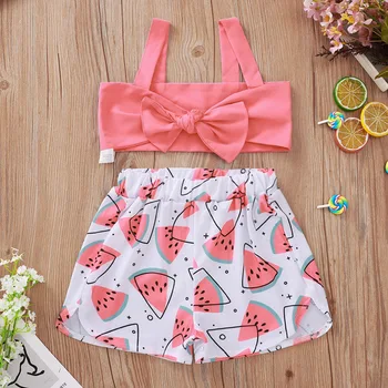 

2020 Summer Children Sets Casual Strap Pink Solid Bow Tops Print Watermelon Shorts 2Pcs Girls Clothes Sets 6M-5T