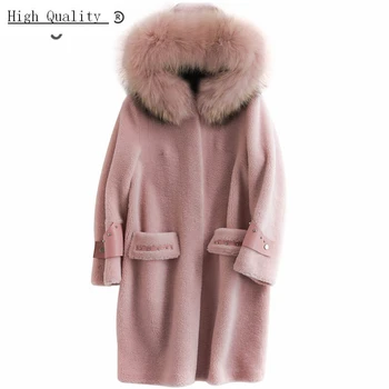 

2020 Pink Real Fur Coat Female Winter Women Jacket + Large Raccoon Fur Hooded 100% Wool Long Jacket Sheep Fur Coat 23837