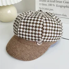 2021 New Hats For Women British Octagonal Cap Plaid Patchwork Visors Newsboy Cap Vintage Autumn Winter Berets Ladies Hat