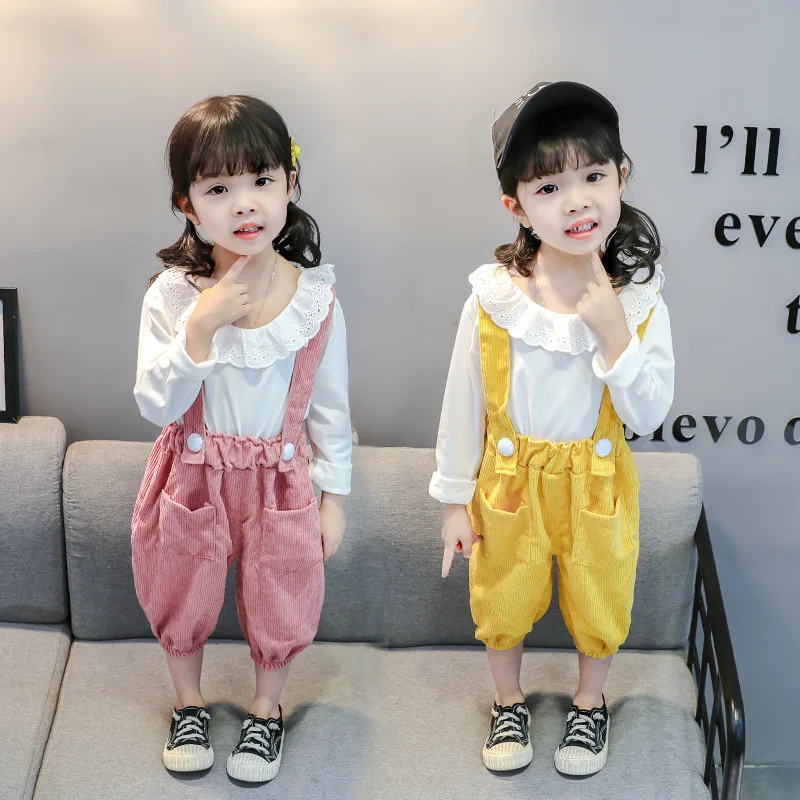 

Summer New Style Fashion Children Baby Solid Color Tops Korean-style Girls Long Sleeve Corduroy Short Suspender Pants Set