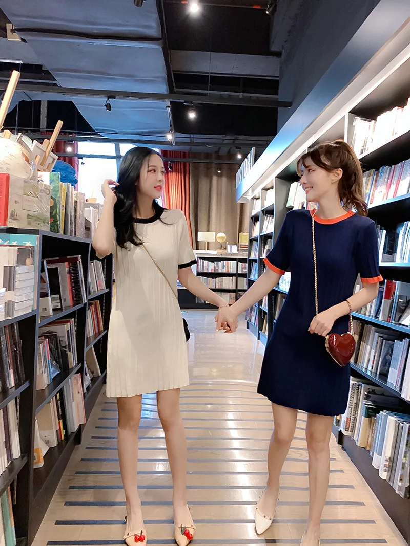 

Summer Contrast Color Crew Neck Jersey Dress Online Celebrity Ladies' Knitted Midi Skirt