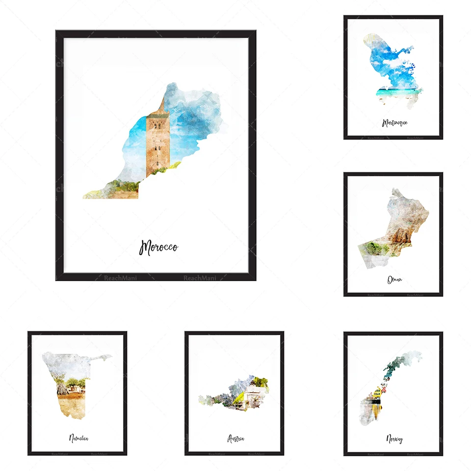 Groenland Aquarelle Carte Imprimer-Etat, Carte Paga, Carte, Voyage, Impression, Affiche Murale Art Home Decor Grand Mur Art Gi