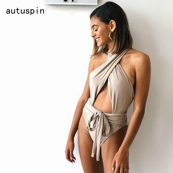 

Autuspin Sexy Bandage Women's Swimsuits Backless Halter One-piece Bathing Suits Hollow Casual Party Bodycon Club Women Swimwear