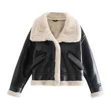 Vintage Long Sleeve Flap Pockets Female Outerwear Chic Tops Women Fashion Thick Warm Faux Leather Shearling Jacket Coat