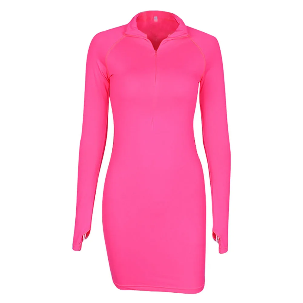 

Solid Women Dress Slim Fit Turn Down Collar Stretch Party Sexy Pullover Long Sleeve Casual Short Bodycon Summer Club Zipper