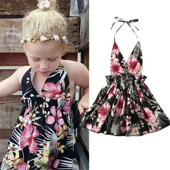 

2020 New Toddler Kid Baby Girls Dress Floral Print Halter Backless Dress Lace-up Tutu Dress Summer Bohemian Sundress Beach Party