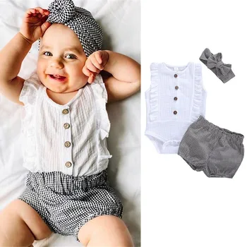 

0-24M Baby Girls 3pcs Clothes Set White Sleeveless Romper Tops Printed High Waist Bow Headband Set Baby Girls Clothes Set