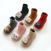 Зимние детские вязаные носки-тапочки обувь для маленьких детей носки без пятки средней длины с резиновой подошвой и рисунком Первые ходунки для детей от 0 до 3 лет