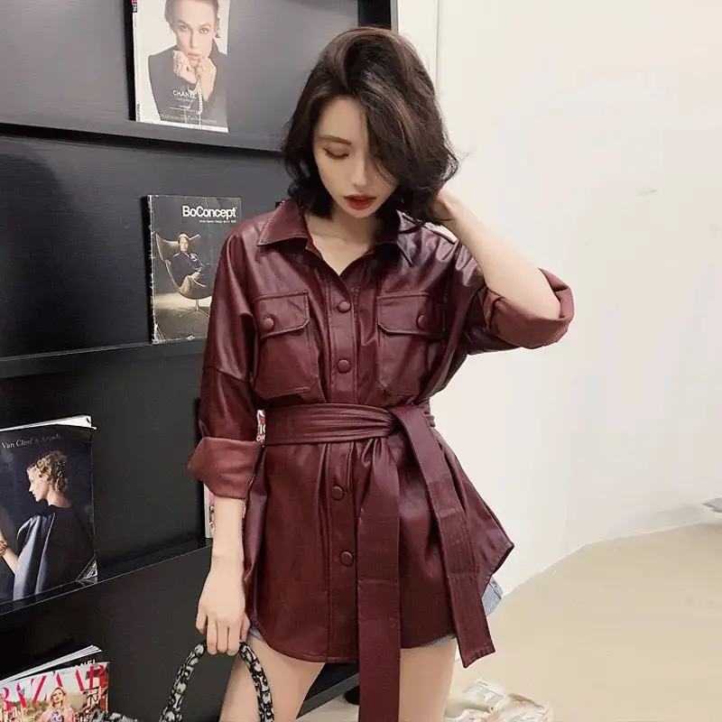 Heydress весенние женские однотонные Модные кожаные куртки с карманами женские однобортные куртки с поясом женские повседневные пальто из искусственной кожи