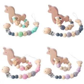 

2Pcs/set Wood Baby Teeth Chew Toys Silicone Nipple Chain Teething Bracelet Crochet Beads Pacifier Clips Toddlers Chewable Toy