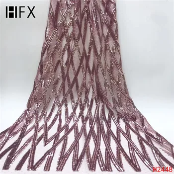 

HFX 2019 Nigeria Latest Design sequins Lace Fabric 5 Yards High Quality African Lace With Color Sequins For Party Dress H2448
