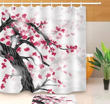 

Shower Curtain, Bathroom Curtains-Japanese Style,Sun,Cherry blossoms,Tree,Hills,Artistic,Water Color,Hand Draw,Art,White Cloth