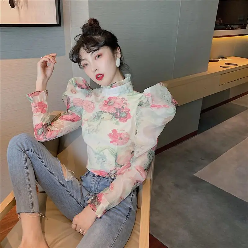 Повседневные блузки с рюшами, Женская водолазка, пышные блузки с длинным рукавом, туника с принтом, женские рубашки, модная одежда