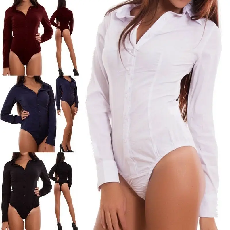 

Women V Neck Jumpsuit Bodycon Button Shirt Romper Body Tops Long Sleeve Bodysuit