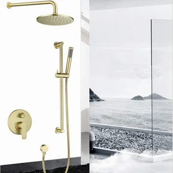 

Concealed Wall Mount Bathroom Brass Round 10 Inch Brushed Gold Rainfall Shower System set