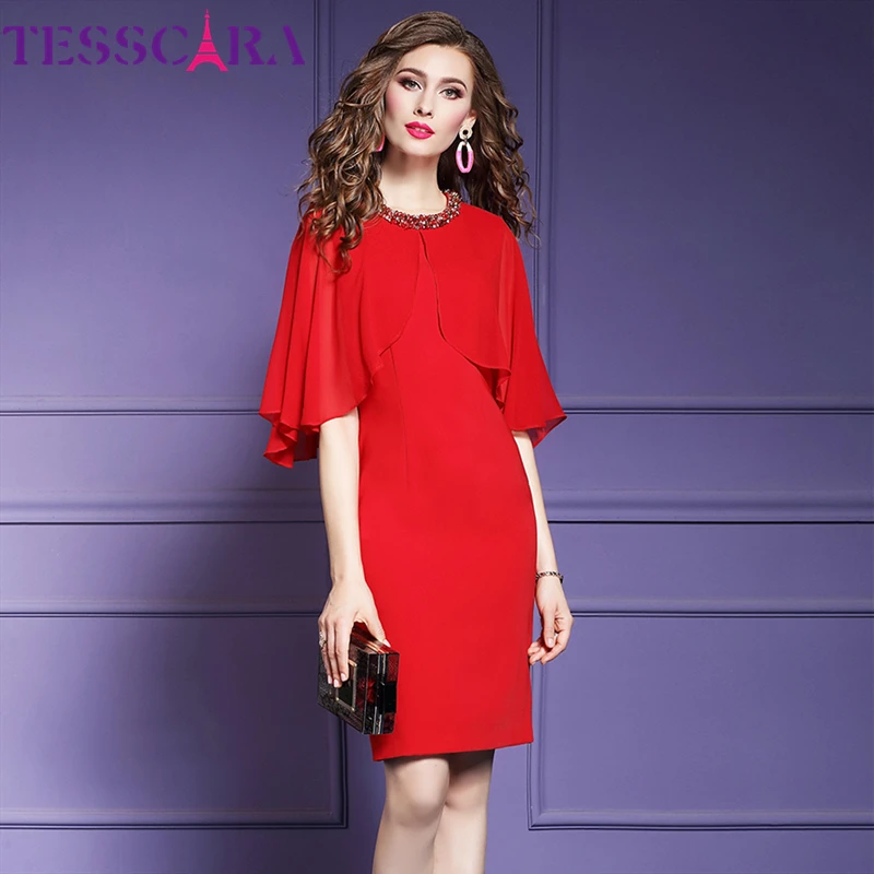 TESSCARA женское летнее элегантное платье с бисером Женская Офисная Женская одежда для вечеринки шифоновый рукав дизайнерский карандаш высокого качества Vestidos