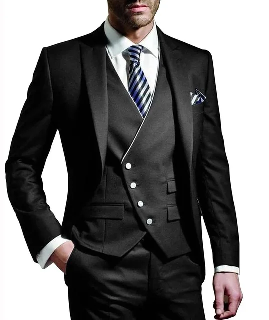 Брендовый мужской костюм, приталенный, 3 предмета, красный, классический смокинг для жениха, свадебные, выпускные костюмы, пиджак на заказ, Блейзер, брюки, жилет, комплект - Цвет: Черный