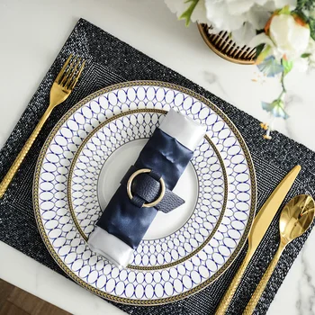 

Blue Geometric Circles Pattern Tableware Plates Ceramic Dinner Set Gold Inlay Porcelain Dessert Plate Steak Salad Cake Plates