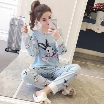 

Long Sleeve Spring Pajamas For Women Thin Cotton Summer Pyjama Sets For Gilr Loose Casual Night Sleepwear Indoor Wear