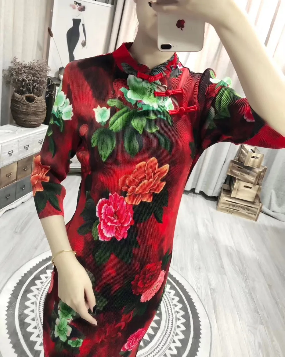 Miyake модное складное платье с коротким рукавом в китайском стиле с принтом пиона платье доступно