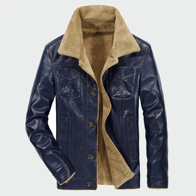 Dark Blue Мужские кожаные куртки, Зимние флисовые пальто из искусственной кожи, Повседневная плотная теплая верхняя одежда с широким воротником, байкерская куртка M-4XL - Цвет: Dark Blue