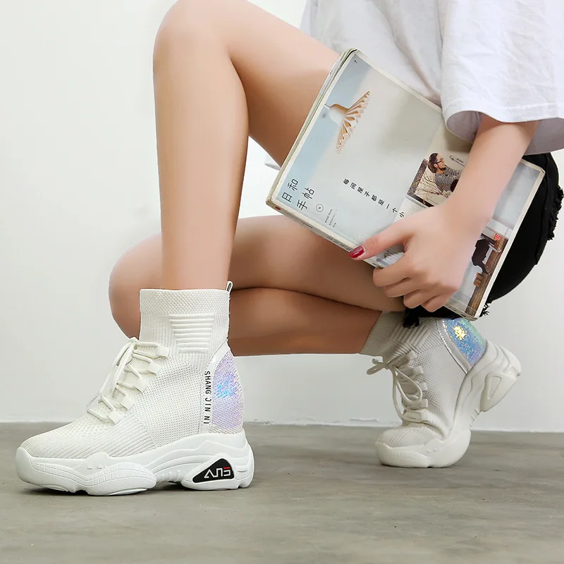 

College Style in Elevator Shoes Women's Autumn Breathable Knit Symphony Sequin Sports Casual Fly Weaver Shoes