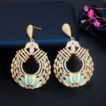 

LUALA Unique Design Enamel Flower Yellow Gold Color CZ Long Drop Big Luxury Earring Women Engagement Party Jewelry CZ681