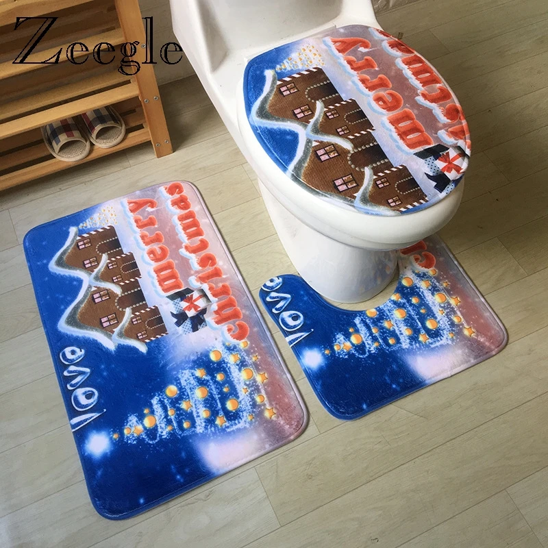 

Zeegle Christmas Bath Mat Set Anti-slip Bathroom Doormat Shower Mat Toilet Cover Seat Mat Soft Absorbent Toilet Pedestal Rug