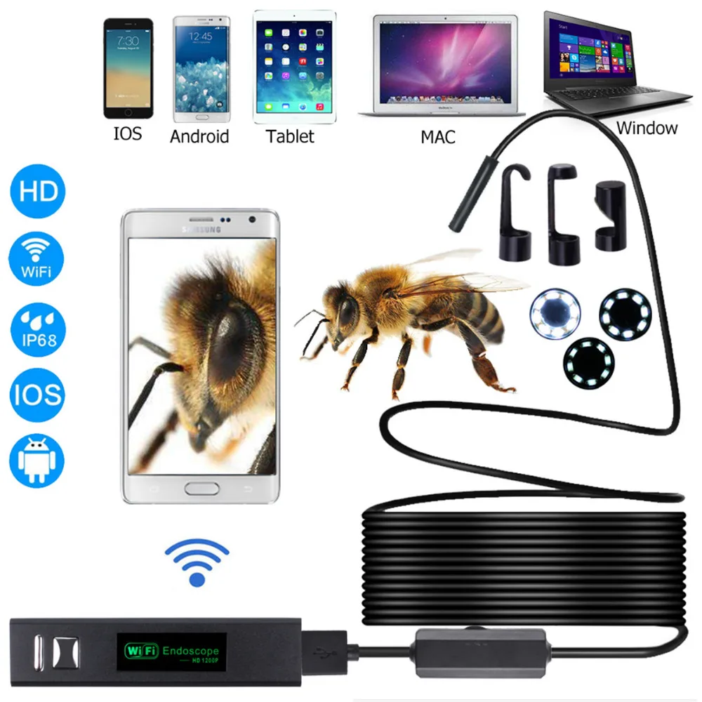 Wifi Endoscope Camera HD 1200P IP68 Waterproof 8MM Endoscope Inspection Camera Wifi Borescope Snake Video Camera For Smartphone