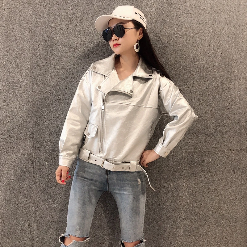 Silver Black Belt Sashes Faux PU Leather Slim Jacket Autumn Spring Women Luxury Windbreaker Motorcycle Coat Biker Top Streetwear