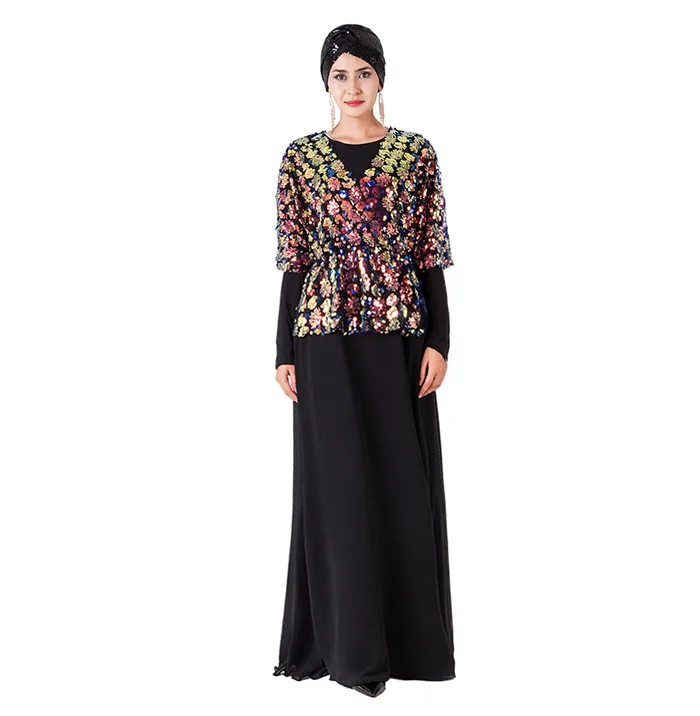 Сращивание блесток Дубай Абая турецкие платья Хиджаб мусульманское платье ислам одежда Абая для женщин Кафтан халат Musulmane Femme - Цвет: Черный