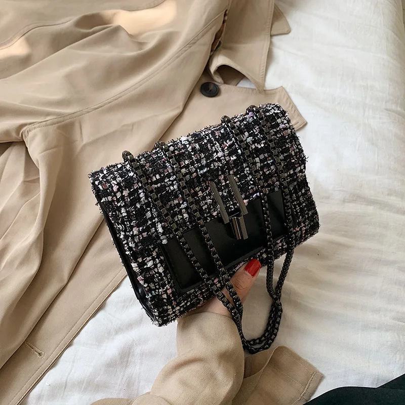 

2019 Popular Bag Women's 2019 New Style Korean-style Western Style Woolen Cloth Chain Shoulder Bag Versatile Shoulder Square Sli