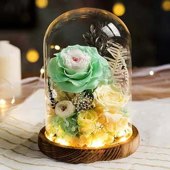 

Artificial Gold Foil Rose Flower And LED Light String In Glass Dome On Wedding Party Valentine's New Year's Day Gift Wooden Base