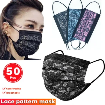 

50PCS Disposable Masks Non-woven Face Masks Cover 3 layer Ply Filter Anti Dust Breathable Adult Mouth Mask Black Lace pattern