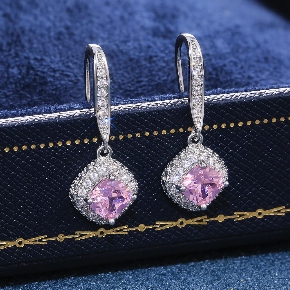 Huitan New Trendy Luxury Silver Color Square Drop Earring Wedding Bridal Accessories Shine Zircon Stone Elegant Women Jewelry